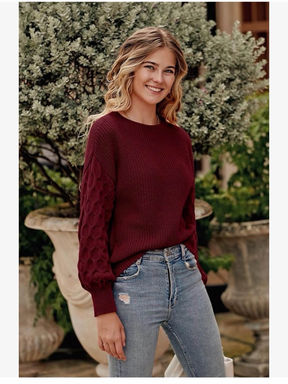 Women’s L Burgundy Cable-Sleeve Pullover Sweater. Fall winter cozy top NWT